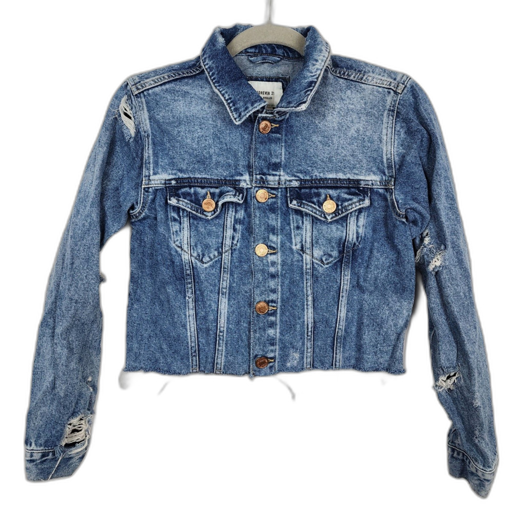Forever 21 Distressed Denim Cropped Jacket Size Small